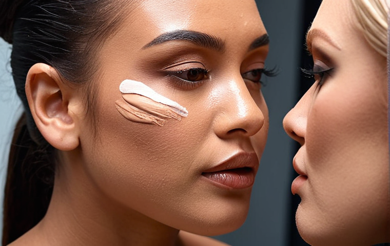 **
Makeup artist applying foundation to a woman's face. Focus on matching skin tone, avoiding a heavy or cakey look. Natural lighting.
**