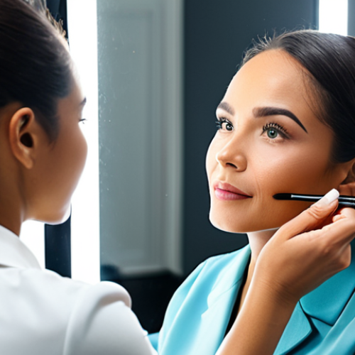 A professional female makeup artist, fully clothed in a modest business uniform, attentively examining the facial structure of a female client. The client is seated calmly in a chair, looking into a large, illuminated mirror in a bright, modern makeup studio. The artist holds a gentle, clean brush, poised to begin the visual analysis of face shape. Soft, natural lighting highlights the contours of the face. Professional photography, high quality, perfect anatomy, correct proportions, natural pose, well-formed hands, proper finger count, natural body proportions, safe for work, appropriate content, family-friendly.