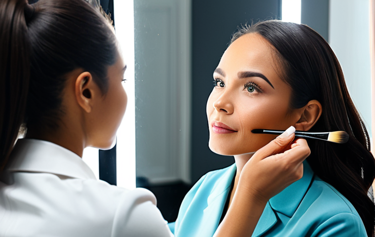 A professional female makeup artist, fully clothed in a modest business uniform, attentively examining the facial structure of a female client. The client is seated calmly in a chair, looking into a large, illuminated mirror in a bright, modern makeup studio. The artist holds a gentle, clean brush, poised to begin the visual analysis of face shape. Soft, natural lighting highlights the contours of the face. Professional photography, high quality, perfect anatomy, correct proportions, natural pose, well-formed hands, proper finger count, natural body proportions, safe for work, appropriate content, family-friendly.