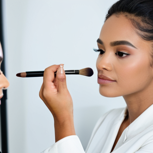 **

A professional makeup artist applying makeup to a client in a well-lit studio. The client is fully clothed in modest attire. Focus on the makeup artist's skillful hand and the client's natural, beautiful features. Use high-quality makeup brands like MAC Cosmetics and NARS. Safe for work, appropriate content, professional, perfect anatomy, correct proportions, natural pose, well-formed hands, proper finger count, natural body proportions.

**