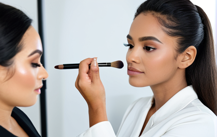 **
A professional makeup artist applying makeup to a client in a well-lit studio. The client is fully clothed in modest attire. Focus on the makeup artist's skillful hand and the client's natural, beautiful features. Use high-quality makeup brands like MAC Cosmetics and NARS. Safe for work, appropriate content, professional, perfect anatomy, correct proportions, natural pose, well-formed hands, proper finger count, natural body proportions.
**