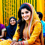 Festive Mehndi Celebration**

"A beautifully adorned woman in traditional Pakistani attire (shalwar kameez), fully clothed and smiling, showcasing intricate mehndi designs on her hands during a daytime wedding celebration. The background features vibrant decorations, marigold garlands, and joyful family members, appropriate attire, safe for work, perfect anatomy, natural proportions, professional photography, high quality."

**