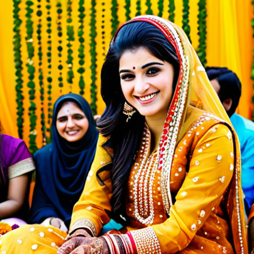 Festive Mehndi Celebration**

"A beautifully adorned woman in traditional Pakistani attire (shalwar kameez), fully clothed and smiling, showcasing intricate mehndi designs on her hands during a daytime wedding celebration. The background features vibrant decorations, marigold garlands, and joyful family members, appropriate attire, safe for work, perfect anatomy, natural proportions, professional photography, high quality."

**