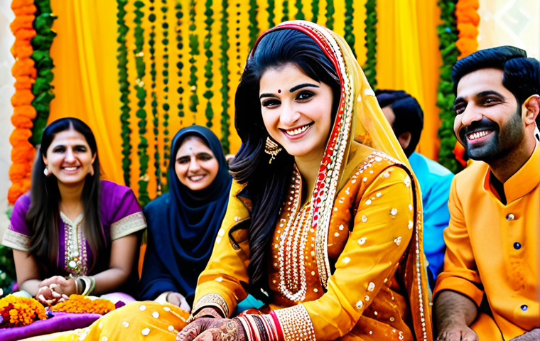 Festive Mehndi Celebration**
"A beautifully adorned woman in traditional Pakistani attire (shalwar kameez), fully clothed and smiling, showcasing intricate mehndi designs on her hands during a daytime wedding celebration. The background features vibrant decorations, marigold garlands, and joyful family members, appropriate attire, safe for work, perfect anatomy, natural proportions, professional photography, high quality."
**
