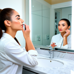 **Professional Makeup Preparation:** "A woman with flawless skin, fully clothed, applying moisturizer in a brightly lit bathroom, getting ready for makeup, safe for work, appropriate content, perfect anatomy, natural pose, modest attire, high-resolution"