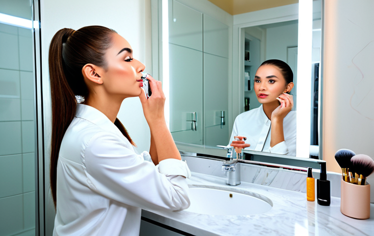 **Professional Makeup Preparation:** "A woman with flawless skin, fully clothed, applying moisturizer in a brightly lit bathroom, getting ready for makeup, safe for work, appropriate content, perfect anatomy, natural pose, modest attire, high-resolution"